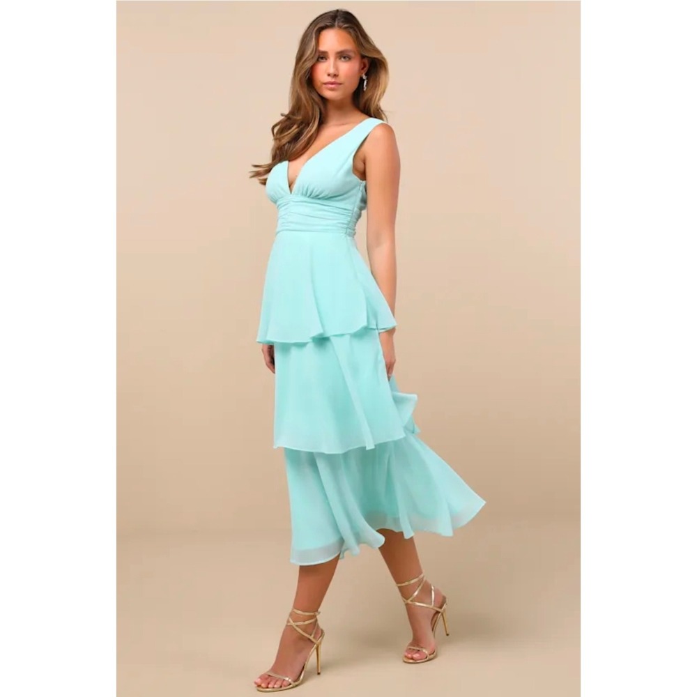 Lulus Celebration Time Aqua Sleeveless Tiered Midi Dress Chiffon Medium Womens